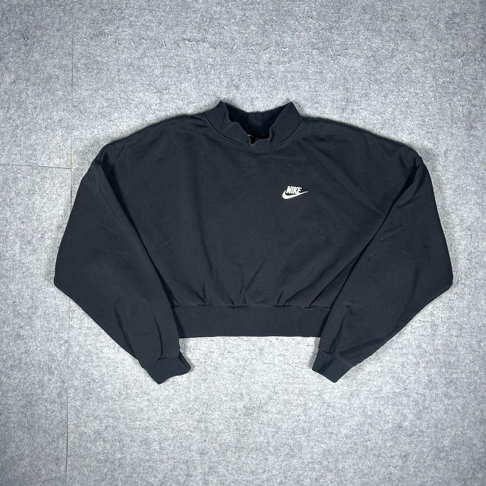 Nike Crewneck Sweatshirt Womens Medium Black Cropped Mock Neck Swoosh Pullover